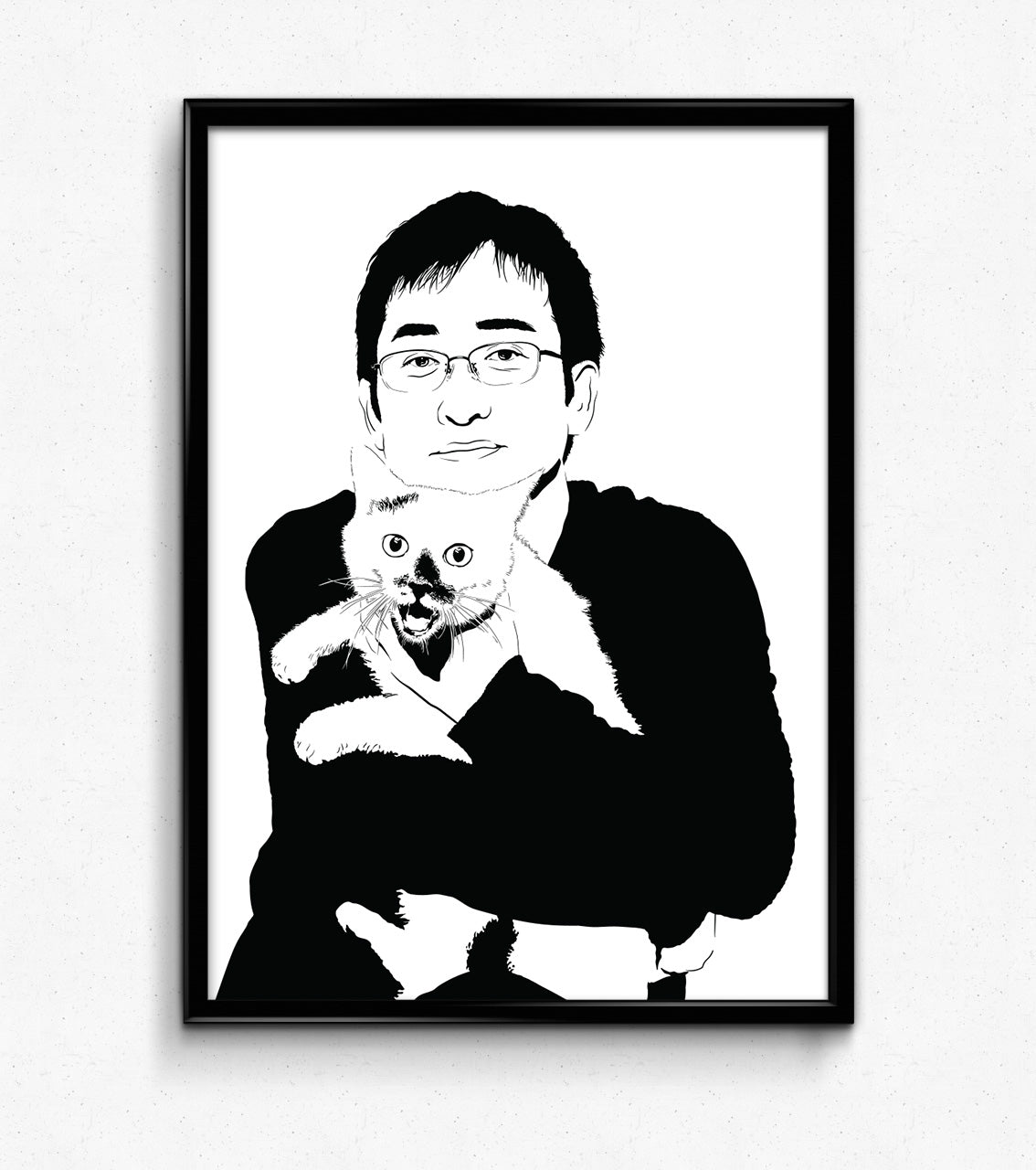 black and white framed illustration of horror manga artist Junji Ito holding a black and white cat