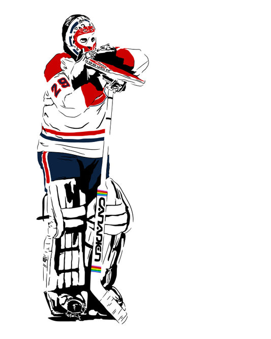 digital minimalist stencil illustration of montreal canadiens goalie ken dryden leaning on his goalie stick