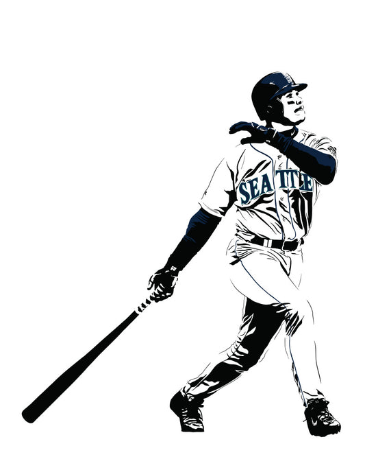 digital minimalist stencil illustration of ken griffey jr of seattle mariners post-swing after hitting a home run