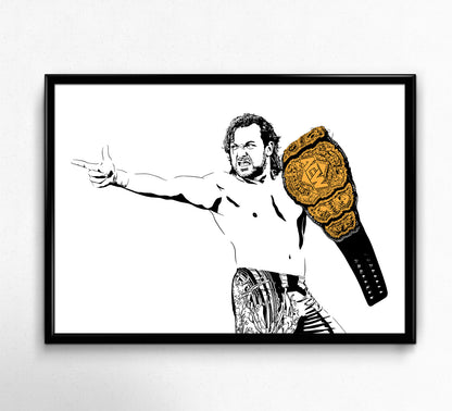 An illustration of wrestler Kenny Omega holding the AEW championship belt, depicted in a minimalist pop culture style with a white background. The belt is colored gold with the AEW logo in the center. Framed.