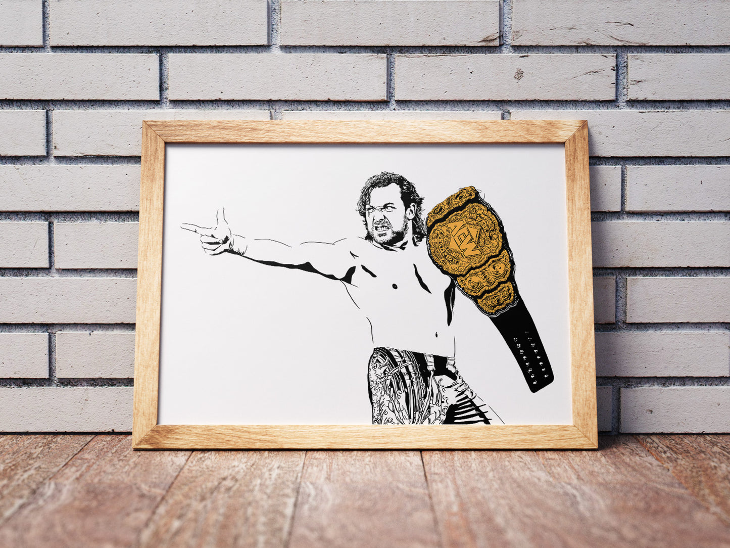 An illustration of wrestler Kenny Omega holding the AEW championship belt, depicted in a minimalist pop culture style with a white background. The belt is colored gold with the AEW logo in the center. Wooden frame.