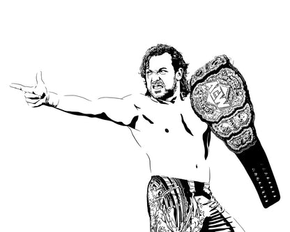 An illustration of wrestler Kenny Omega holding the AEW championship belt, depicted in a minimalist pop culture style with a white background. The belt hass the AEW logo in the center. 