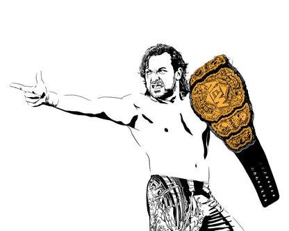 An illustration of wrestler Kenny Omega holding the AEW championship belt, depicted in a minimalist pop culture style with a white background. The belt is colored gold with the AEW logo in the center. Available as a high-quality art print.