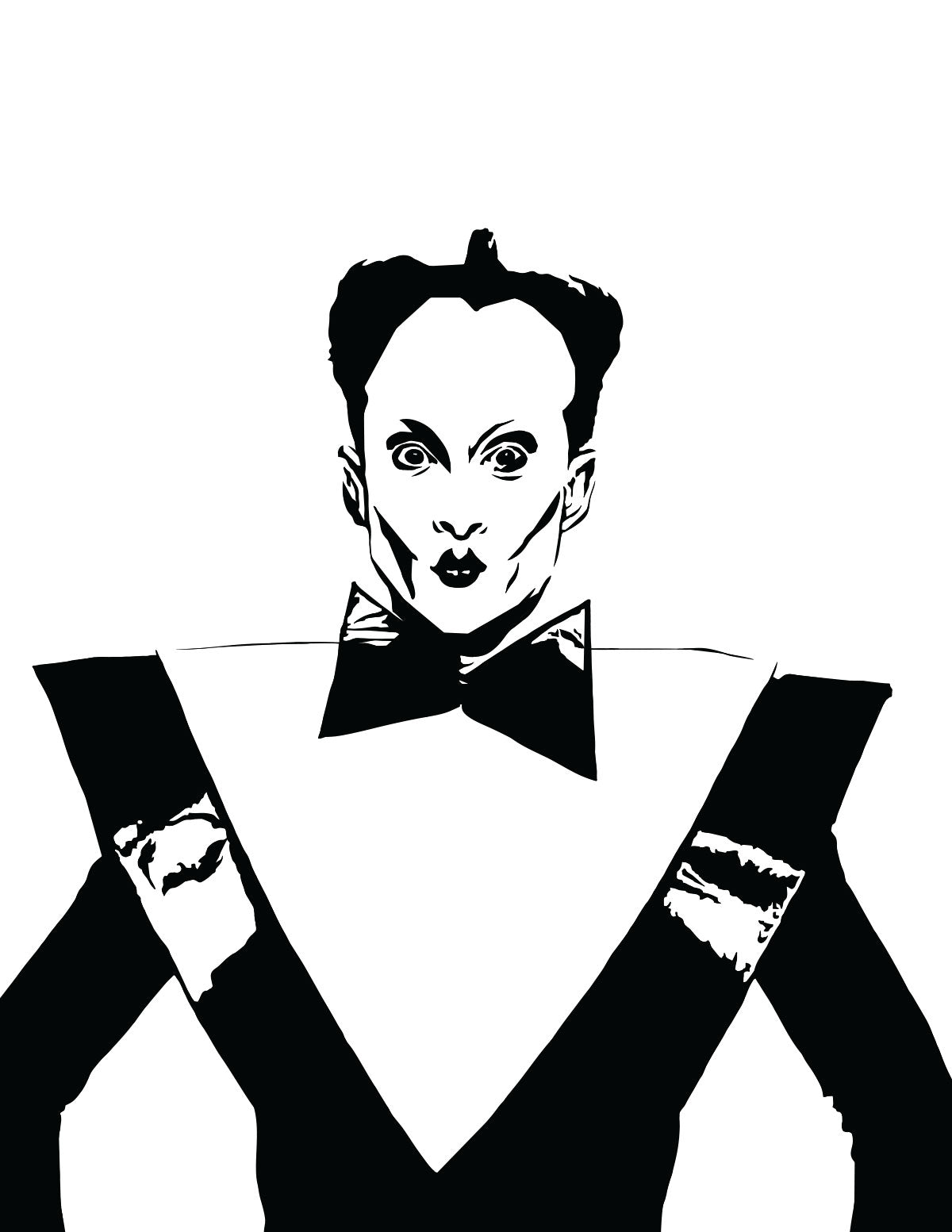 digital minimalist stencil illustration of german avant garde singer klaus nomi wearing stark makeup and V-shaped bodysuit