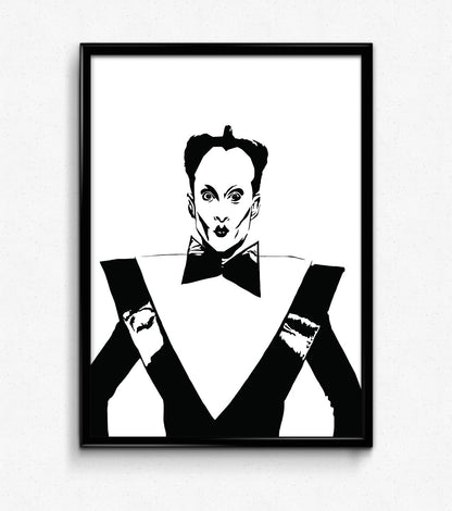 digital minimalist stencil illustration of german avant garde singer klaus nomi wearing stark makeup and V-shaped bodysuit, framed art print