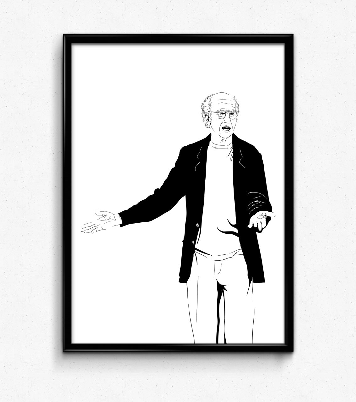 digital minimalist stencil illustration of comedy writer and actor larry david looking annoyed, framed art print