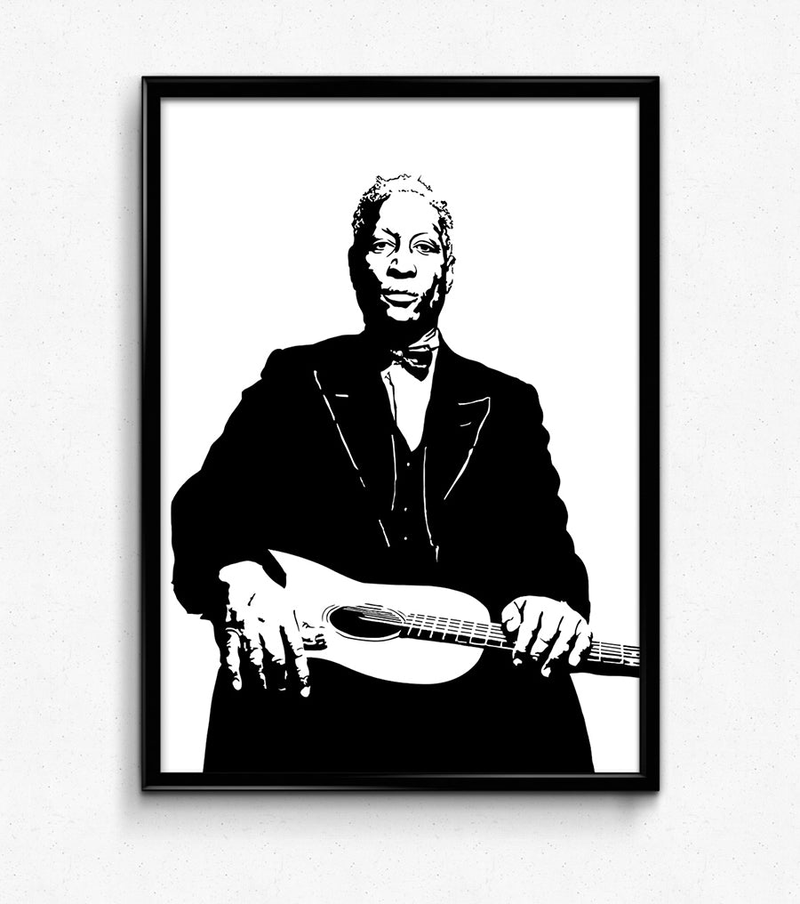 digital minimalist stencil illustration of blues guitarist Huddie William Ledbetter aka Leadbelly sitting wtih an acoustic guitar on his lap, framed art print