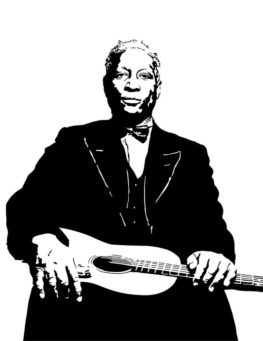 digital minimalist stencil illustration of blues guitarist Huddie William Ledbetter aka Leadbelly sitting wtih an acoustic guitar on his lap