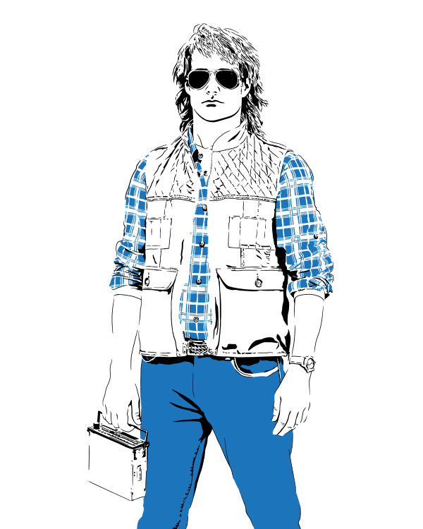  digital minimalist stencil illustration of will forte as macgruber holding his car stereo and wearing sunglasses