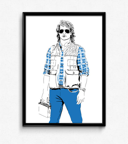  digital minimalist stencil illustration of will forte as macgruber holding his car stereo and wearing sunglasses, framed art print