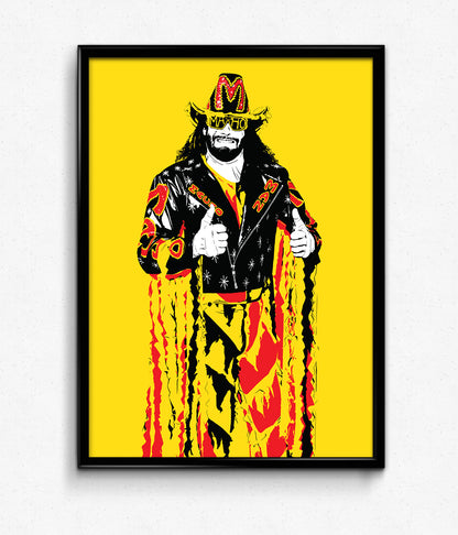  digital minimalist stencil illustration of professional wrestler macho man randy savage wearing a flamboyant outfit with tassles, a cowboy hat with a giant M on the front, sunglasses that say MACHO and giving two thumbs up, framed art print