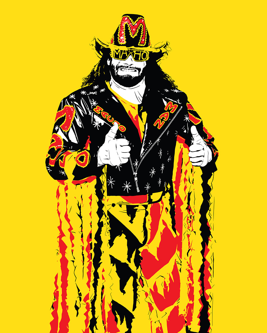  digital minimalist stencil illustration of professional wrestler macho man randy savage wearing a flamboyant outfit with tassles, a cowboy hat with a giant M on the front, sunglasses that say MACHO and giving two thumbs up