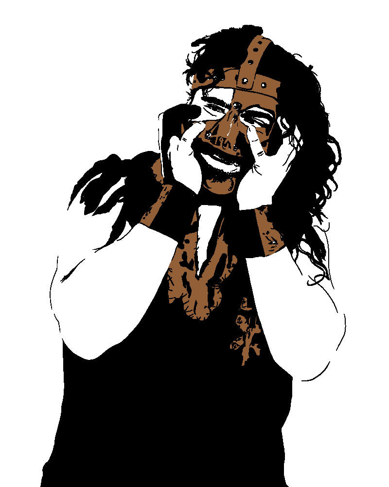  digital minimalist stencil illustration of professional wrestler mankind played by mick foley wearing his leather mask