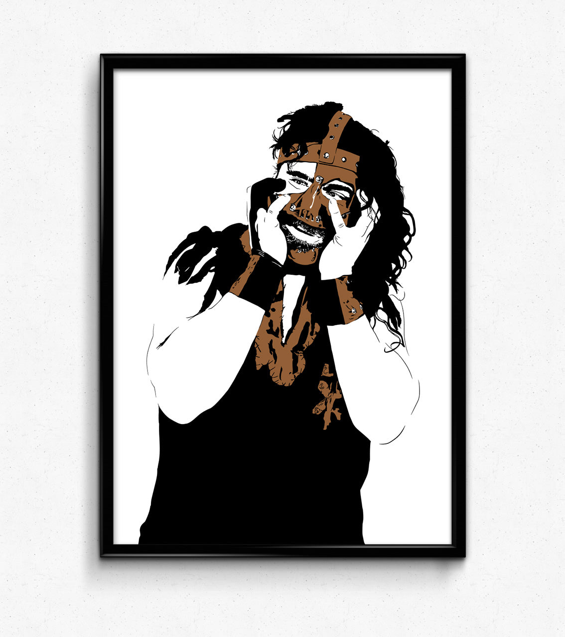  digital minimalist stencil illustration of professional wrestler mankind played by mick foley wearing his leather mask, framed art print