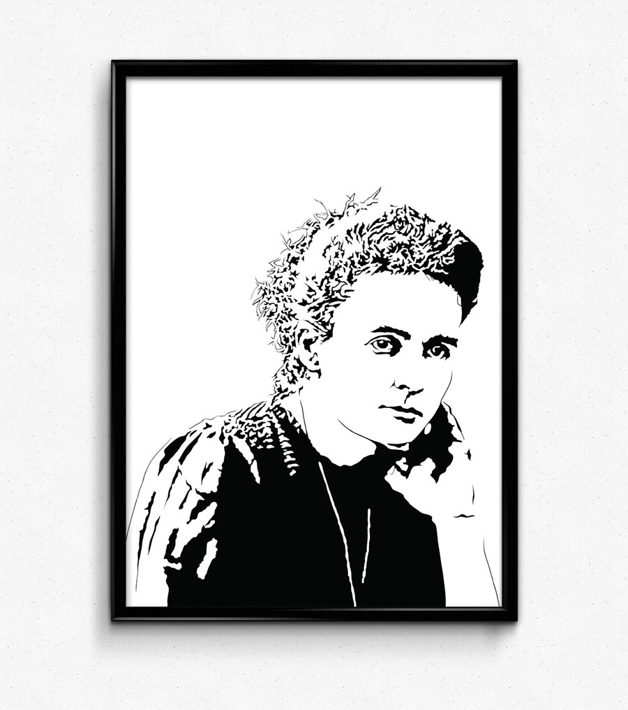  digital minimalist stencil illustration of nobel prize winner madame marie curie in portrait, framed art print