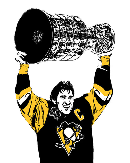  digital minimalist stencil illustration of pittsburgh penguins captain mario lemieux hoisting the stanley cup over his head