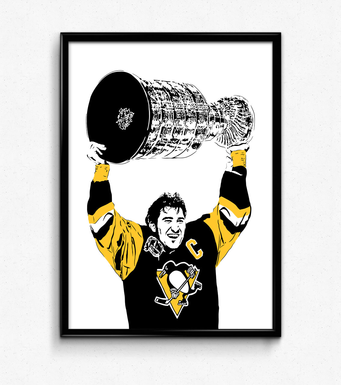  digital minimalist stencil illustration of pittsburgh penguins captain mario lemieux hoisting the stanley cup over his head, framed art print