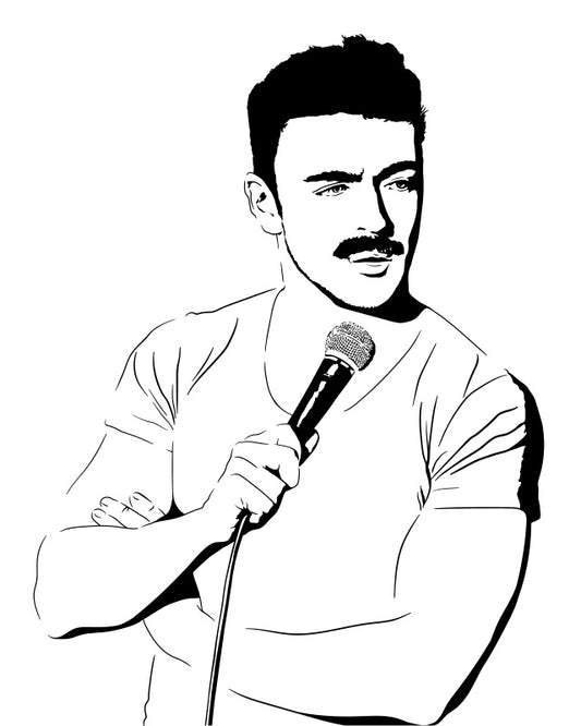  digital minimalist stencil illustration of chicago stand up comedian matteo lane holding a microphone in a tight white tshirt