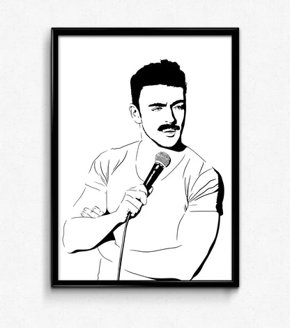  digital minimalist stencil illustration of chicago stand up comedian matteo lane holding a microphone in a tight white tshirt, framed art print