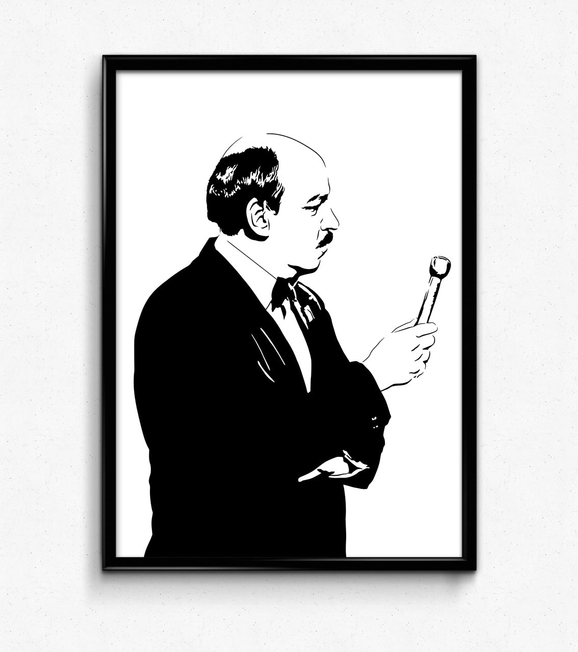  digital minimalist stencil illustration of WWF interviewer mean gene okerlund holding his microphone, framed art print