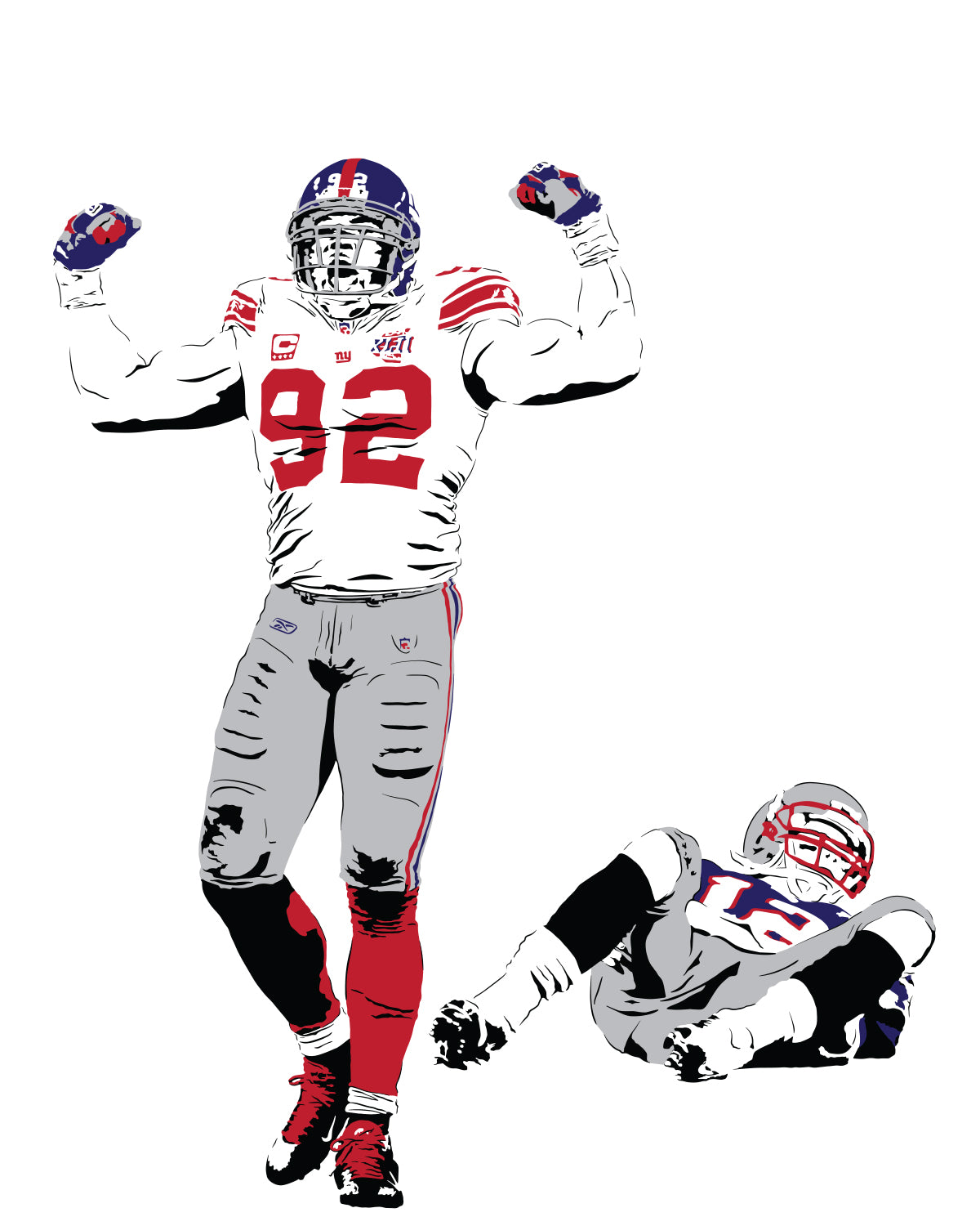  digital minimalist stencil illustration of new york giants legend michael strahan celebrating after sacking tom brady of the patriots