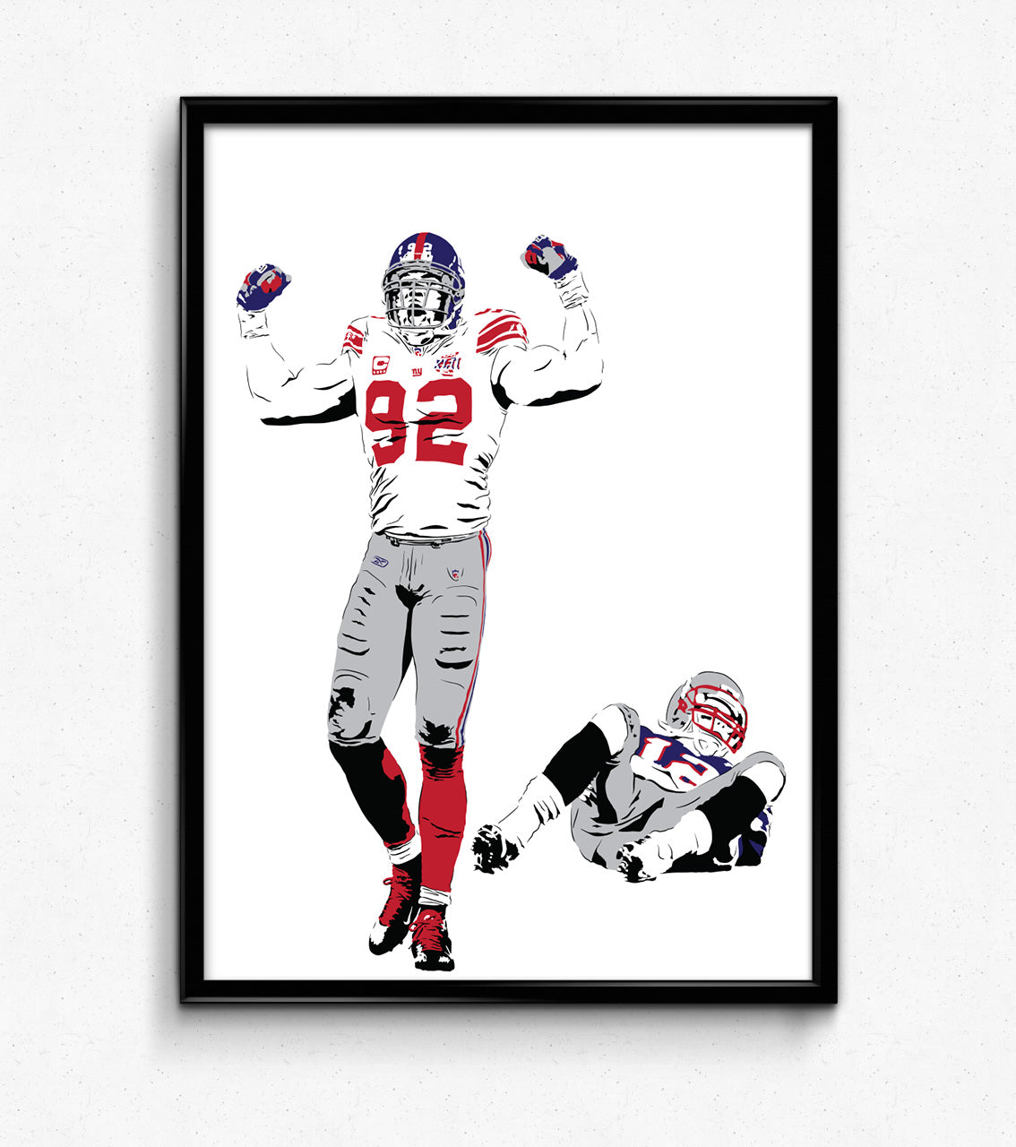  digital minimalist stencil illustration of new york giants legend michael strahan celebrating after sacking tom brady of the patriots, framed art print