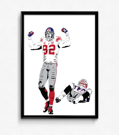  digital minimalist stencil illustration of new york giants legend michael strahan celebrating after sacking tom brady of the patriots, framed art print