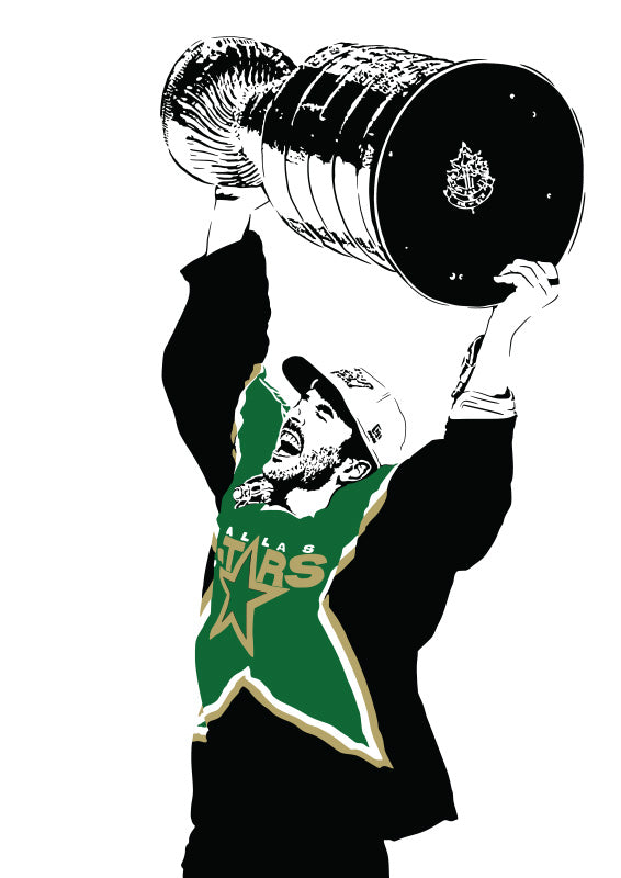 digital illustration fanart of dallas stars captain mike modano holding the stanley cup trophy over his head