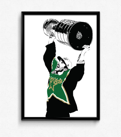 digital illustration fanart of dallas stars captain mike modano holding the stanley cup trophy over his head, framed art print