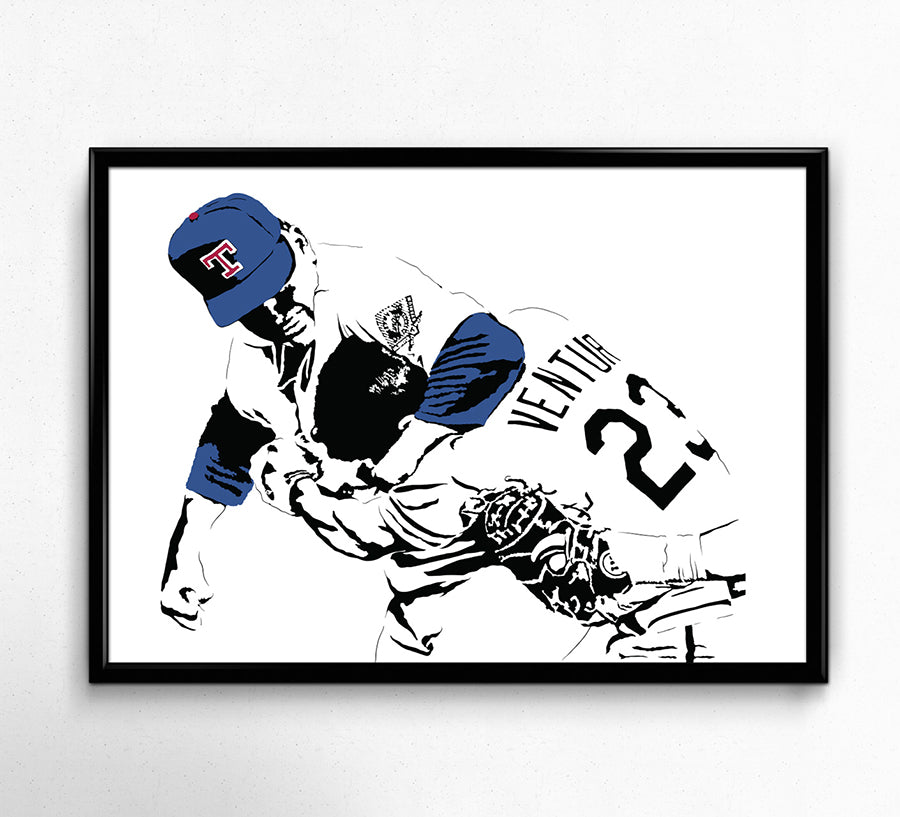 digital minimalist stencil illustration of texas rangers pitching legend nolan ryan with robin ventura in a headlock ready to throw a punch, framed art print