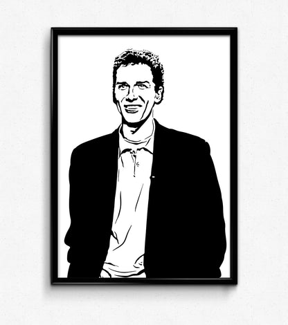 digital minimalist stencil illustration of stand up comedian norm macdonald smiling on the tonight show, framed art print