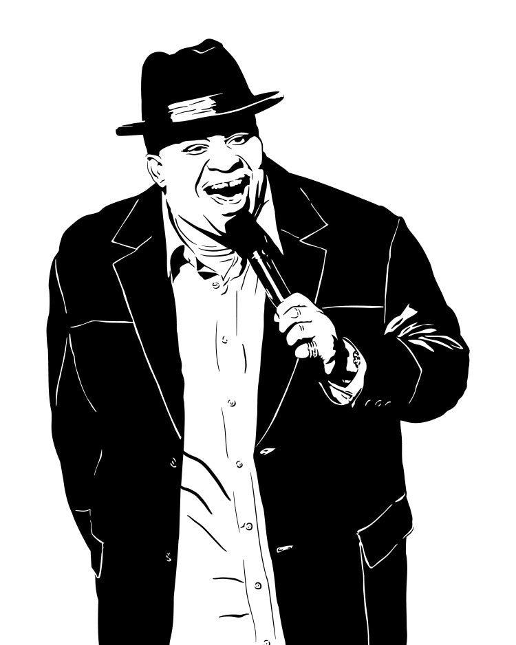 digital minimalist stencil illustration of stand up comedian patrice o'neal laughing into a microphone