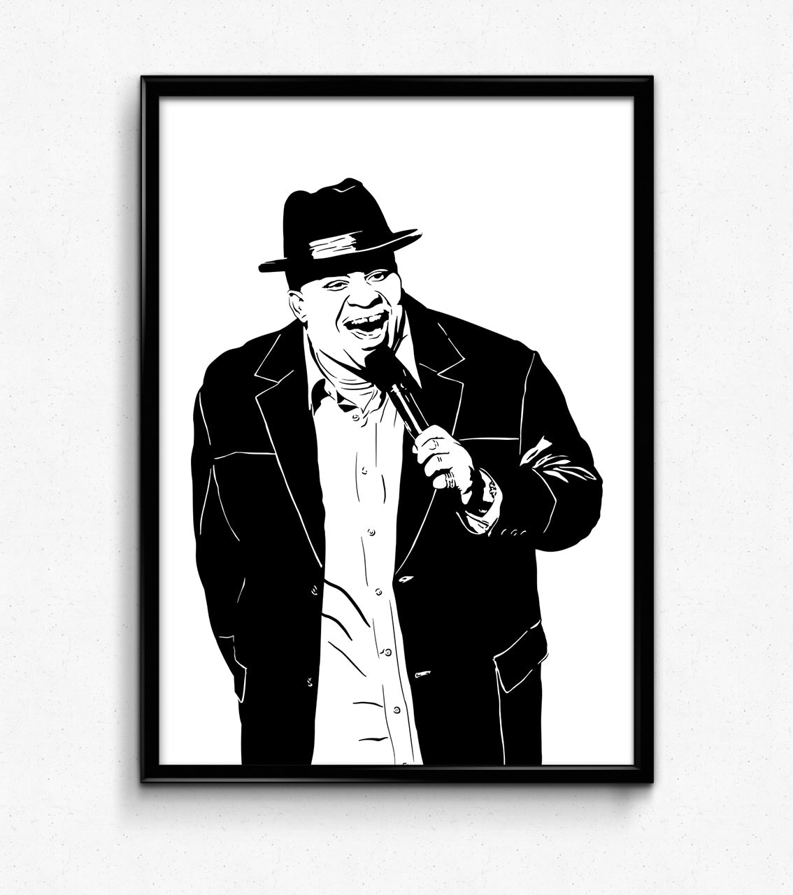 digital minimalist stencil illustration of stand up comedian patrice o'neal laughing into a microphone, framed art print