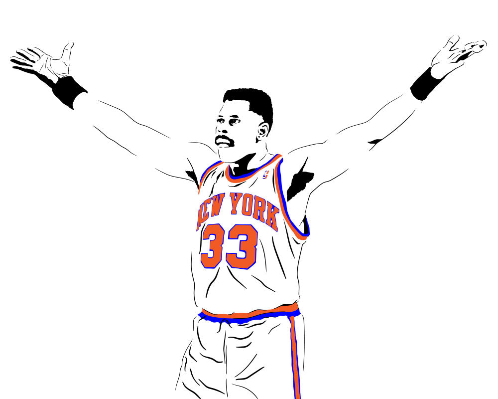 digital minimalist stencil illustration of new york knicks superstar legend patrick ewing with arms outstretched