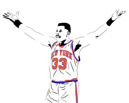 digital minimalist stencil illustration of new york knicks superstar legend patrick ewing with arms outstretched