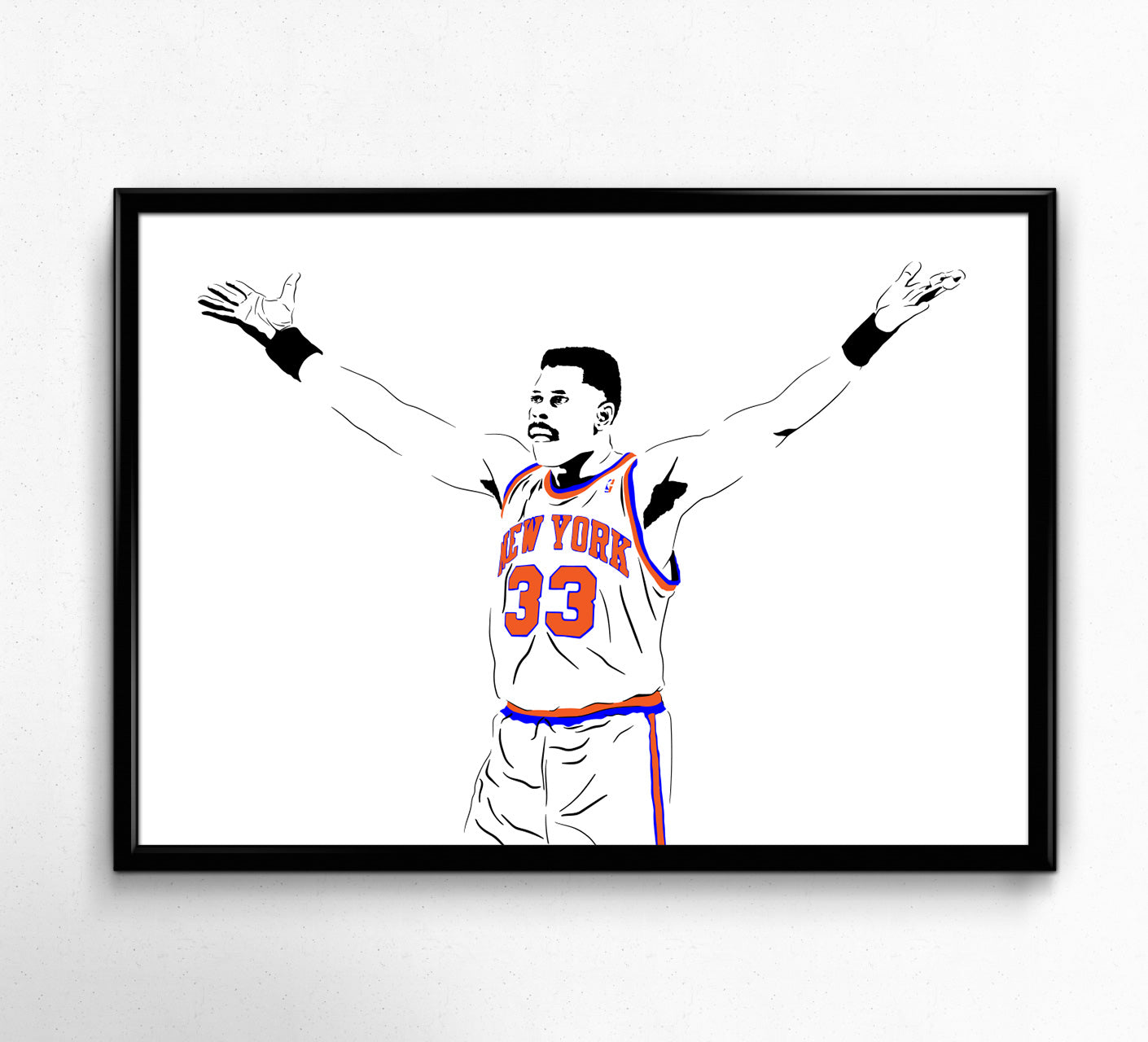 digital minimalist stencil illustration of new york knicks superstar legend patrick ewing with arms outstretched, framed art print