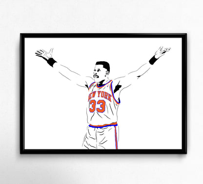 digital minimalist stencil illustration of new york knicks superstar legend patrick ewing with arms outstretched, framed art print