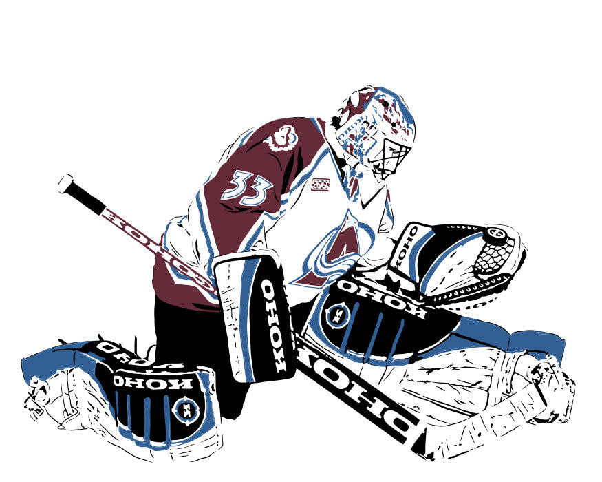 digital minimalist stencil illustration of colorado avalanche goaltender patrick roy making a glove save