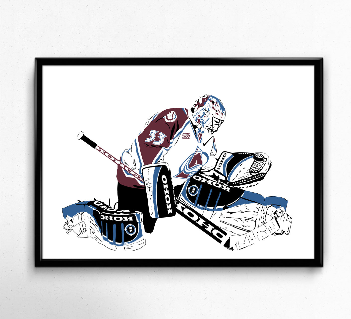 digital minimalist stencil illustration of colorado avalanche goaltender patrick roy making a glove save, framed art print