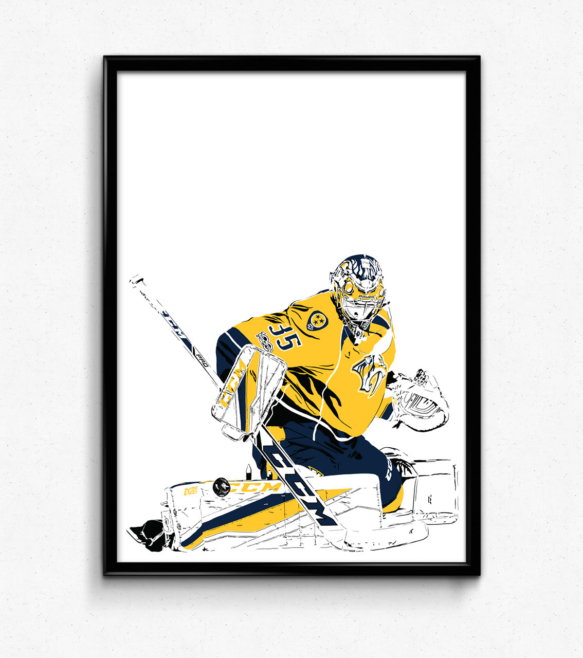 digital minimalist stencil illustration of nashville predators goalie pekka rinne making a save, framed art print