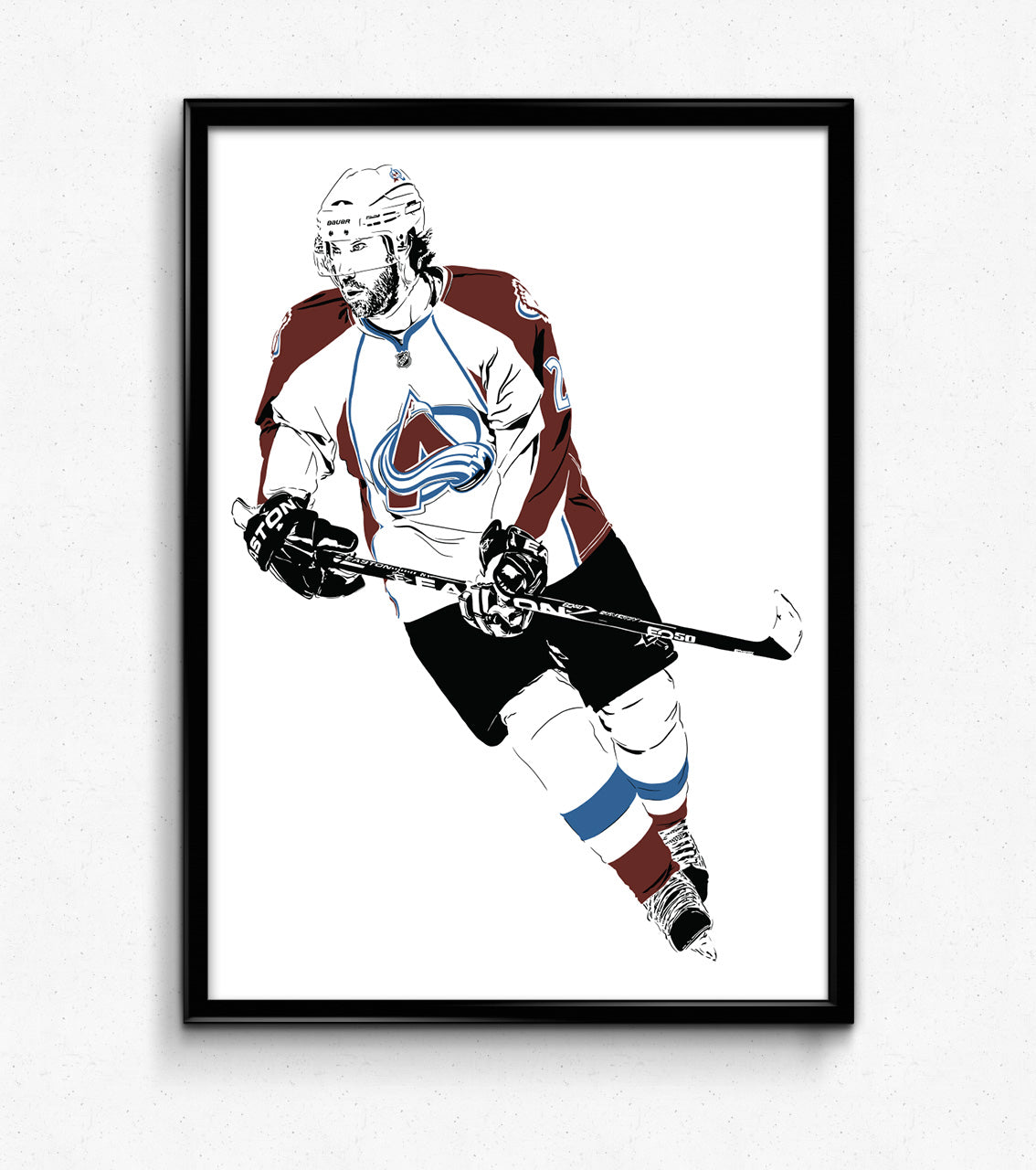 digital minimalist stencil illustration of colorado avalanche forward peter forsberg aka foppa, framed art print