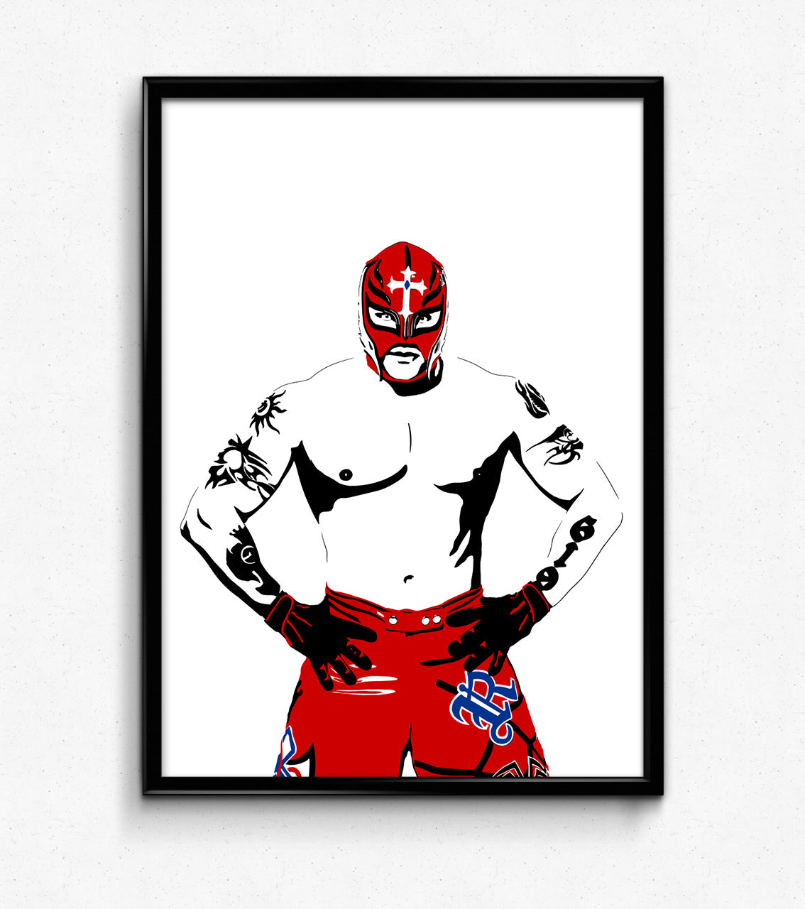 digital minimalist stencil illustration of professional luchador wrestler rey mysterio jr, framed art print