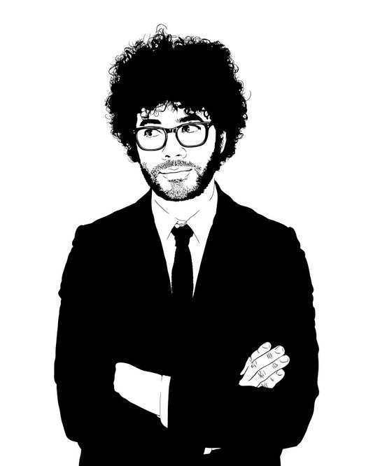 digital minimalist stencil illustration of british comedian richard ayoade wearing a suit, glasses, and with his large afro