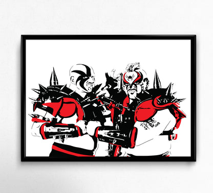 digital minimalist stencil illustration of professional wrestling tag team the road warriors hawk and animal in their spiked football pads, framed art print