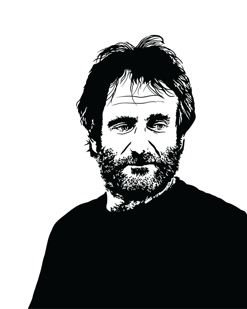 digital minimalist stencil illustration of comedy legend robin williams with a beard and sweater