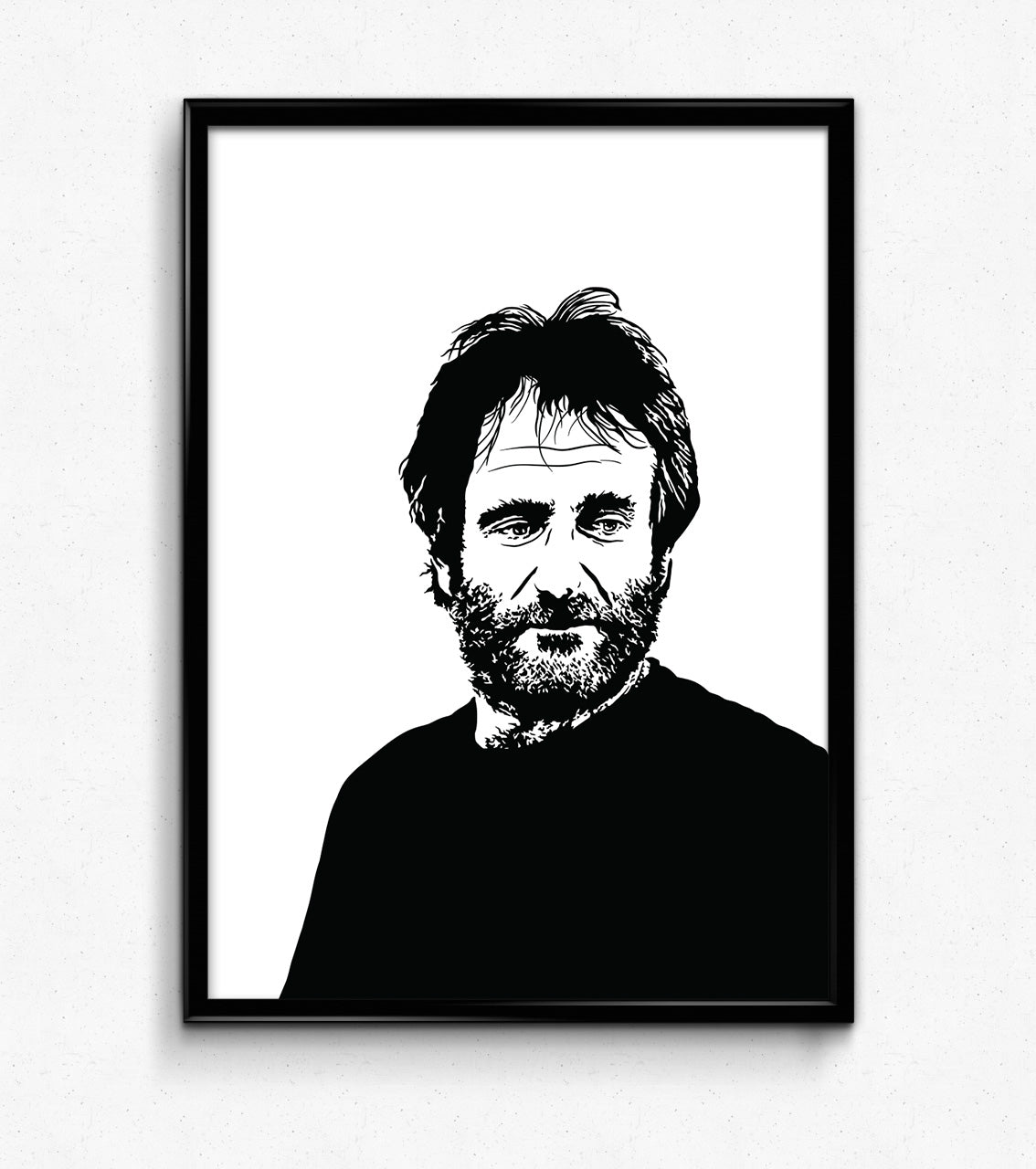 digital minimalist stencil illustration of comedy legend robin williams with a beard and sweater, framed art print