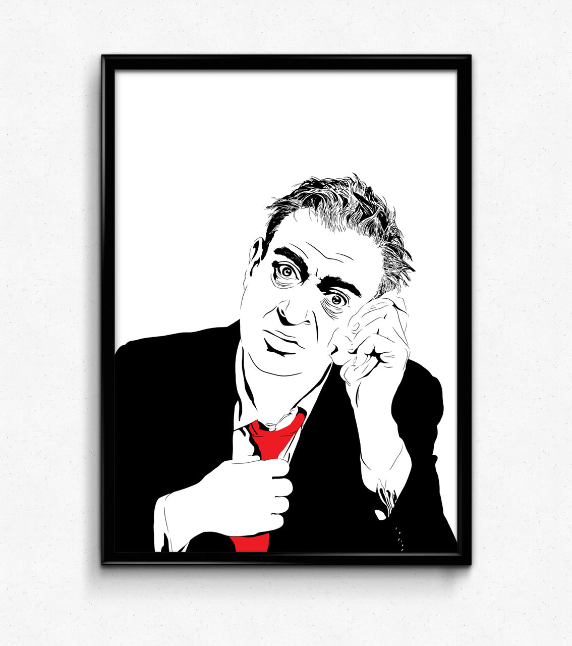 digital minimalist stencil illustration of stand up comedian and actor rodney dangerfield grabbing his tye and wiping sweat off his face, framed art print