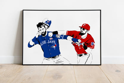 digital illustration of rougned odor punching jose baustista, wearing texas rangers and toronto blue jays jerseys during a baseball brawl, slim framed art print on the floor