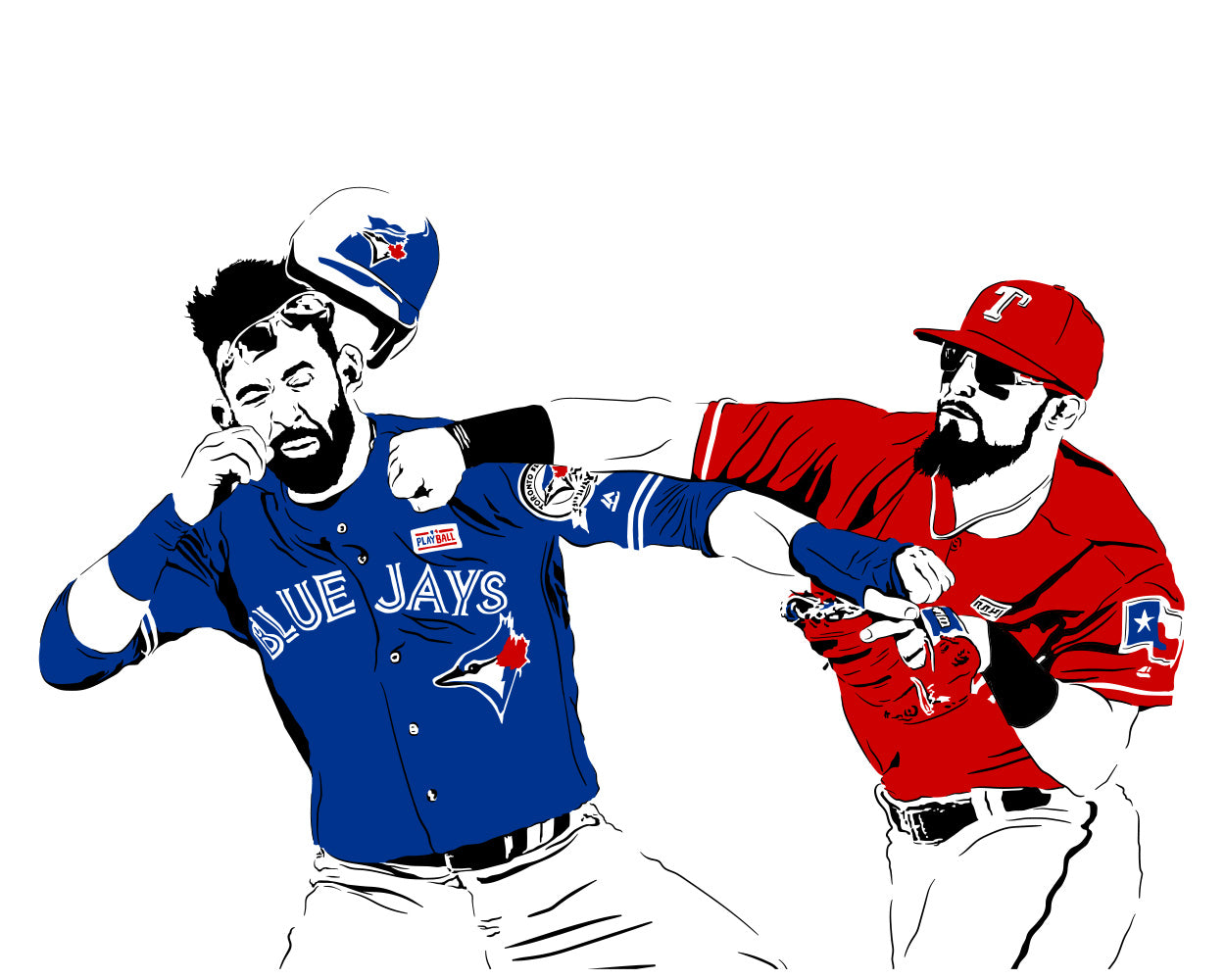 digital illustration of rougned odor punching jose baustista, wearing texas rangers and toronto blue jays jerseys during a baseball brawl