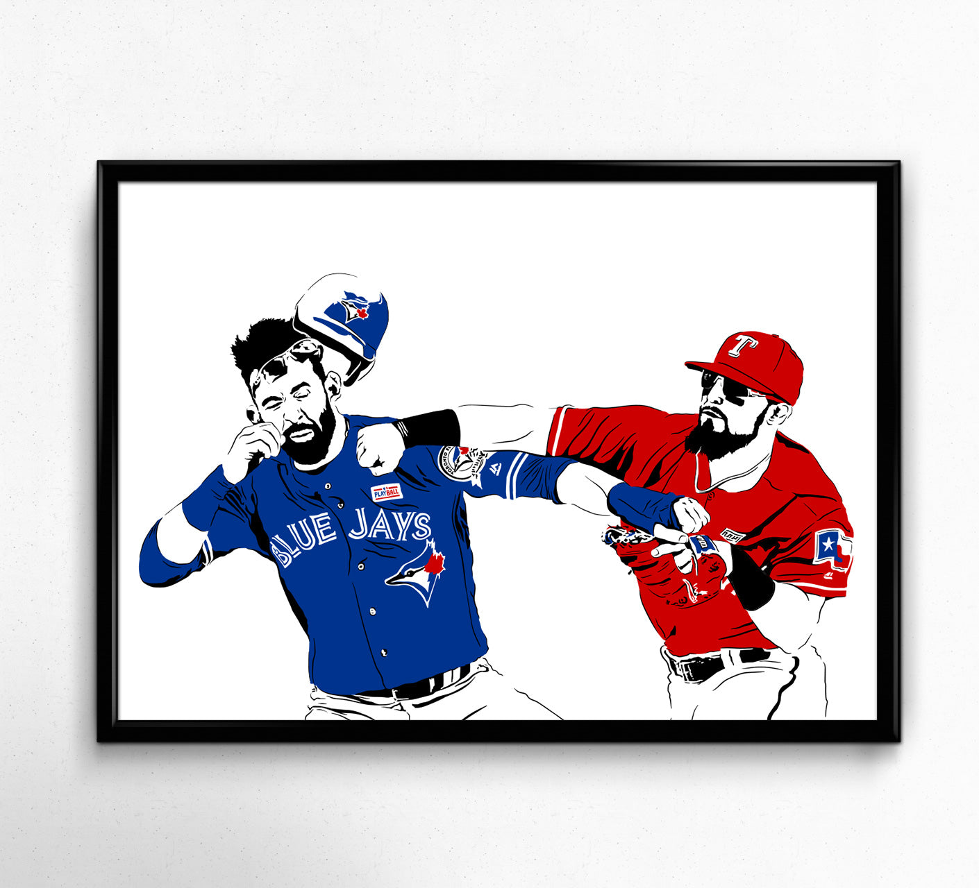 digital illustration of rougned odor punching jose baustista, wearing texas rangers and toronto blue jays jerseys during a baseball brawl, framed art print